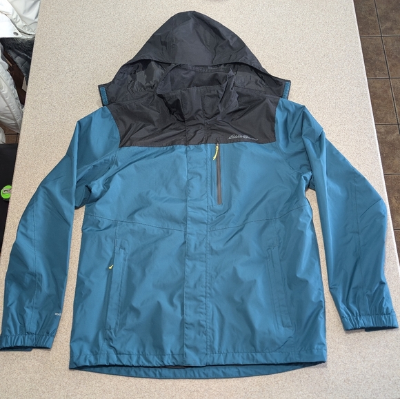 Eddie Bauer Teal/Black Weatheredge Men's Large Rain Jacket With Removable Hood - Picture 8 of 15